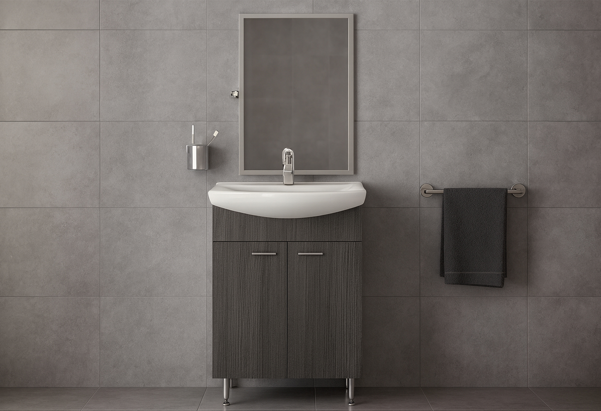 Απεικονίζεται ο πάγκος και ο νιπτήρας μπάνιου